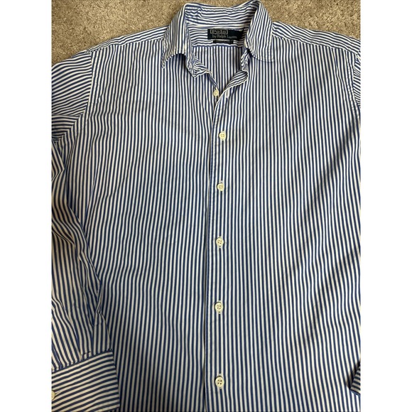 Ralph Lauren Blue White Striped Button Up Long sleeve Dress Shirt Men's Large - Picture 3 of 4